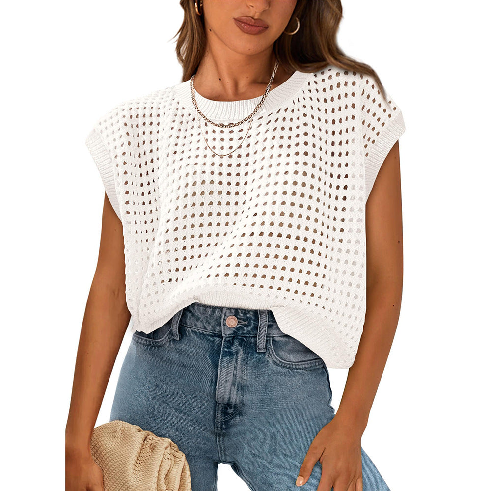 Women's Crew Neck Hollow-Out Sunscreen Knitted Sweater Blouse