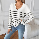 Pullover Knitted Sweater V-Neck Long Sleeve Striped Sweater