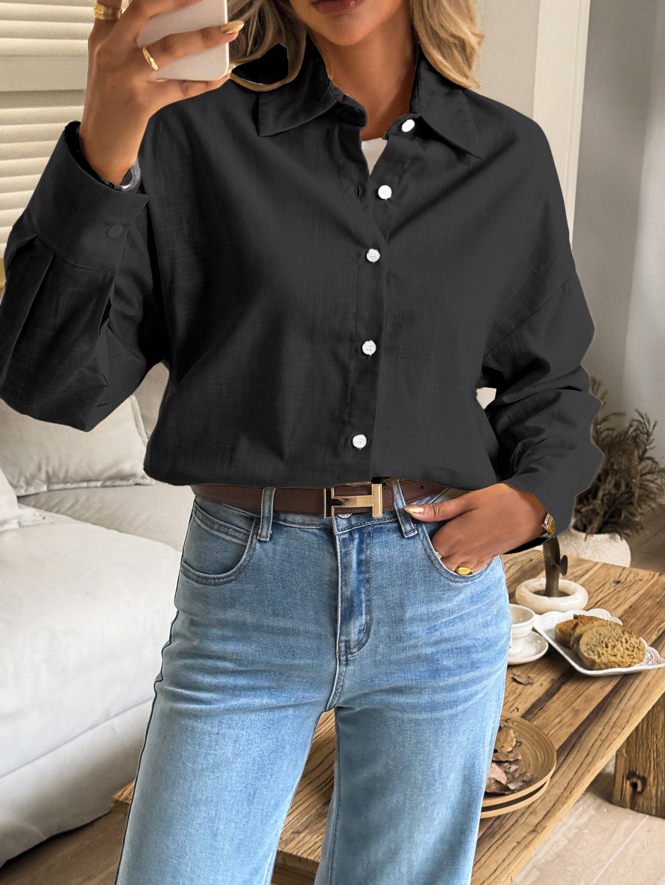Women's Solid Button V-Neck Long Sleeve Women's Long Sleeve Blouse