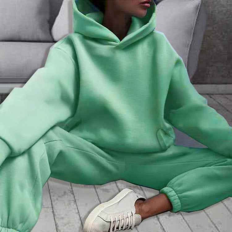 Women Fashion Casual Sports Solid Color Hooded Set
