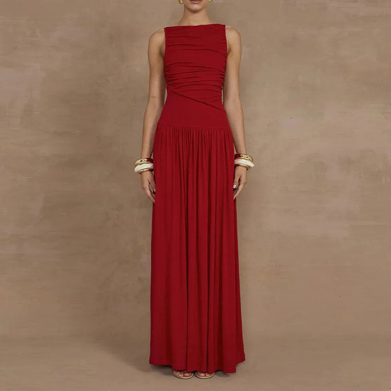Women Solid Color Pleated Waist Dress Long Dress