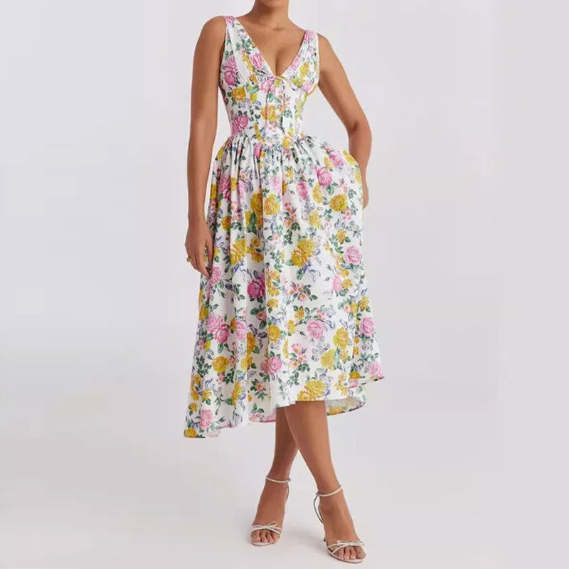 Fashion Backless Print Suspender Dress Long Dress