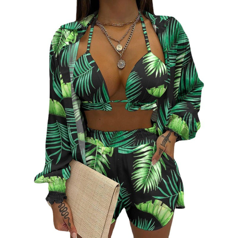 Women Sexy Beach Resort Style Print Shorts Three-piece Set