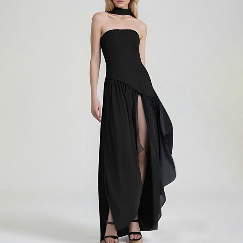 Women's Summer Elegant Slim Fit Solid Color Waist Split Dress