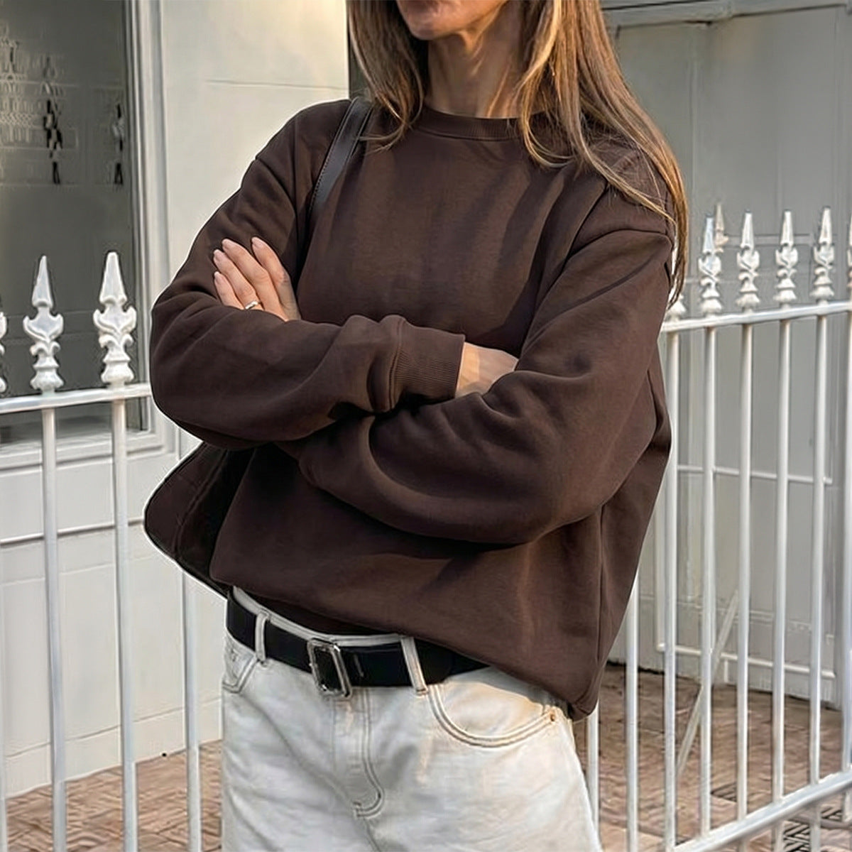Women's Casual Solid Color Loose Crew Neck Long Sleeve Top