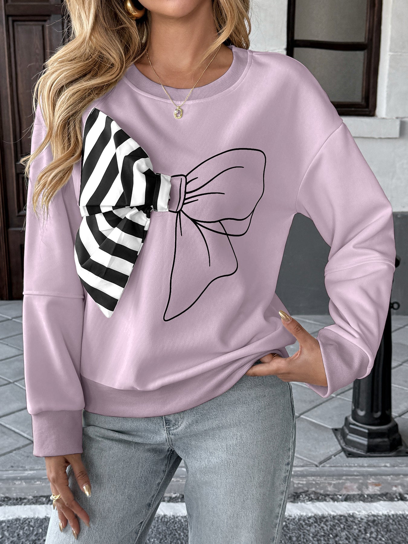 Casual Top Striped Bow Sweater Women
