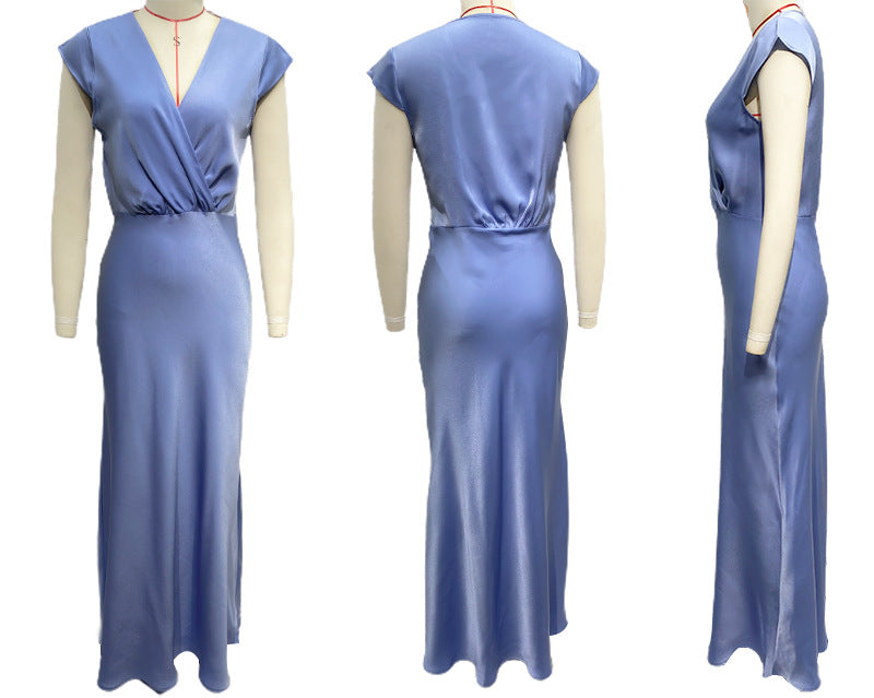 Women Satin Solid Color V-Neck Sexy Fishtail Dress Party Dress Long Dress