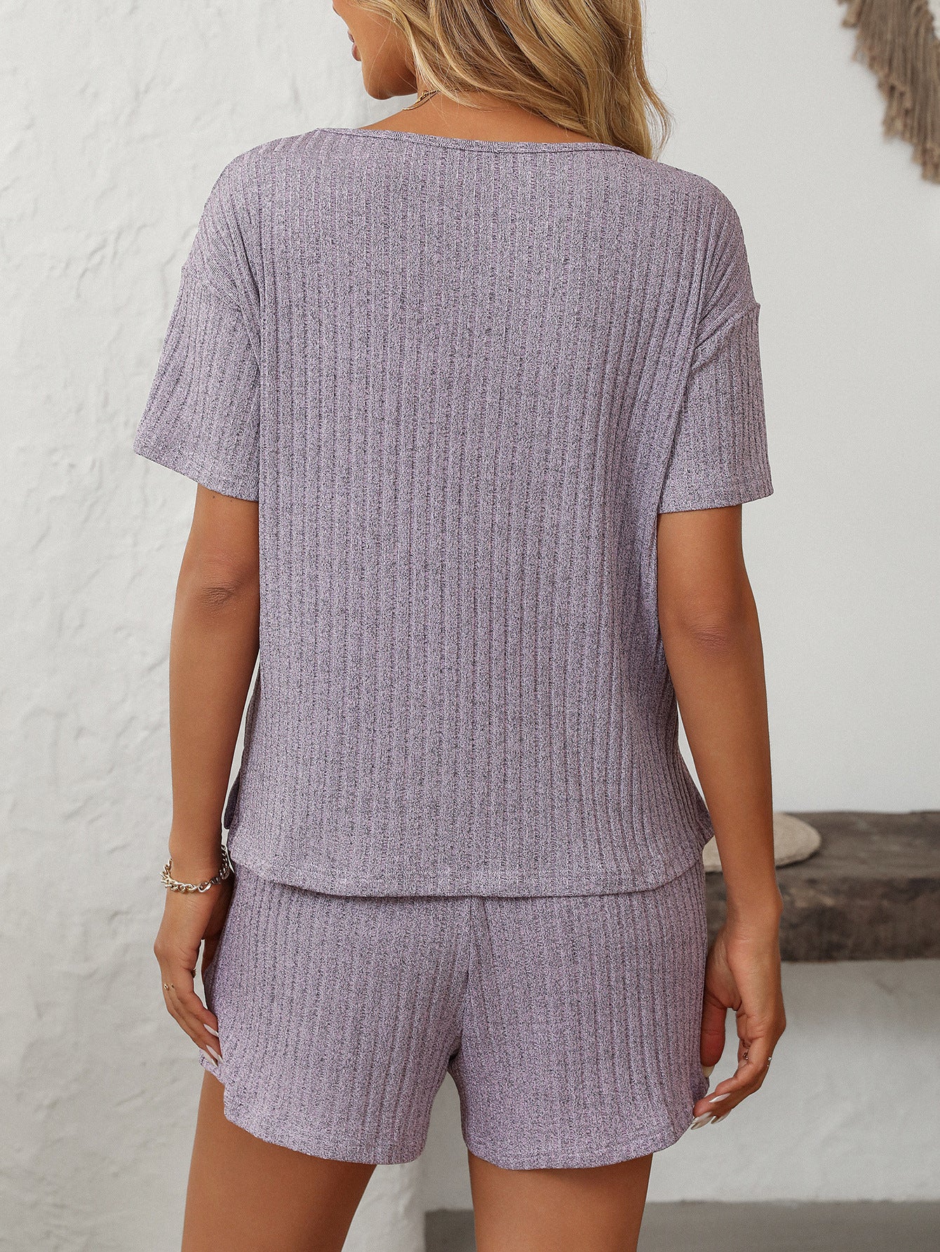 Solid Color Pit Strip Pajamas Short-sleeved Loungewear Set