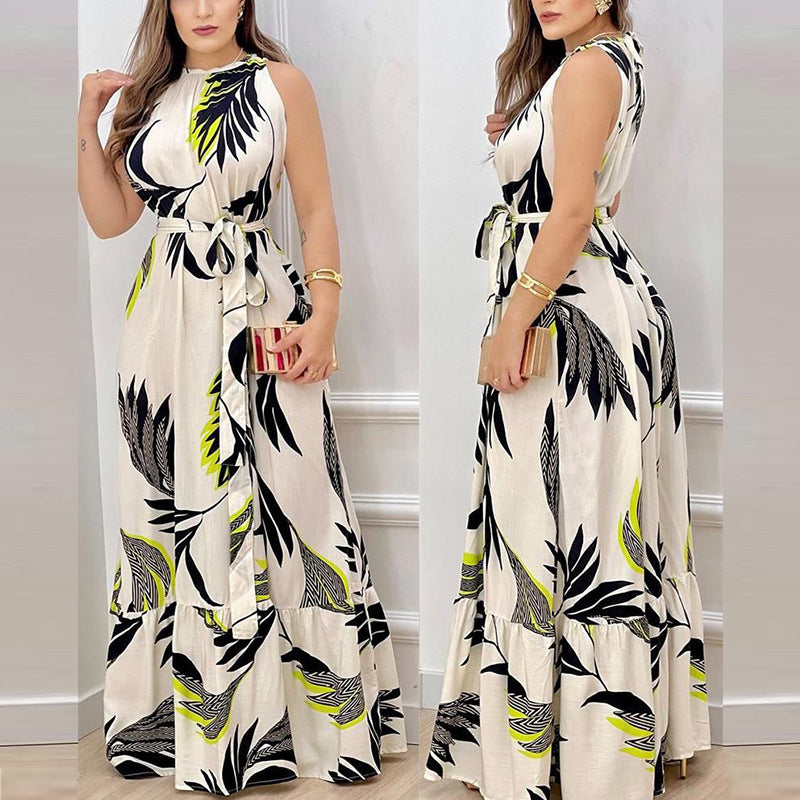 Women's Summer Neck Strap Printed Lotus Leaf Dress Women
