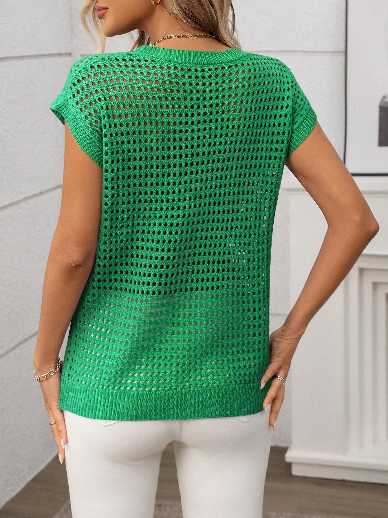 Women's Crew Neck Hollow-Out Sunscreen Knitted Sweater Blouse