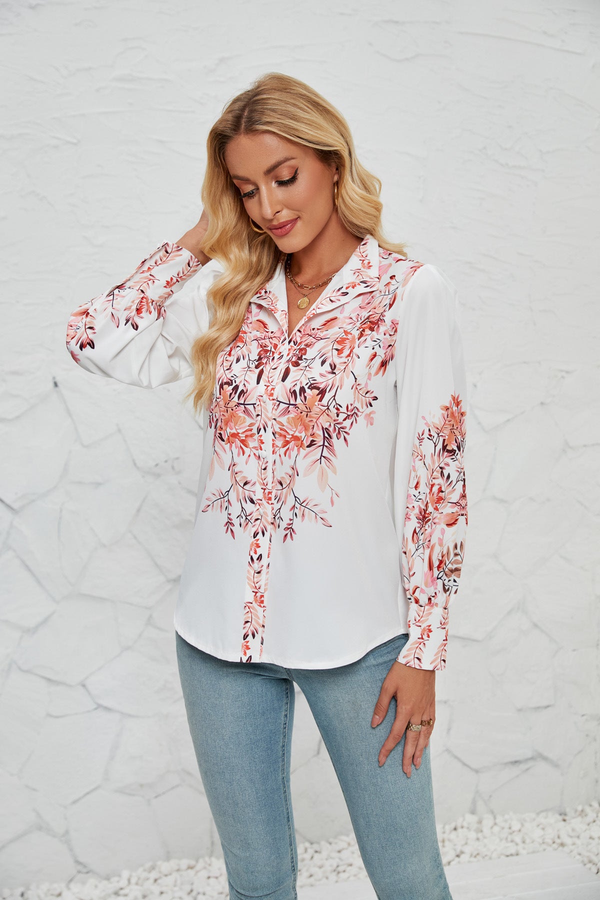 Women's Printed Long Sleeve Stand-Up Collar Fashion Casual Blouse