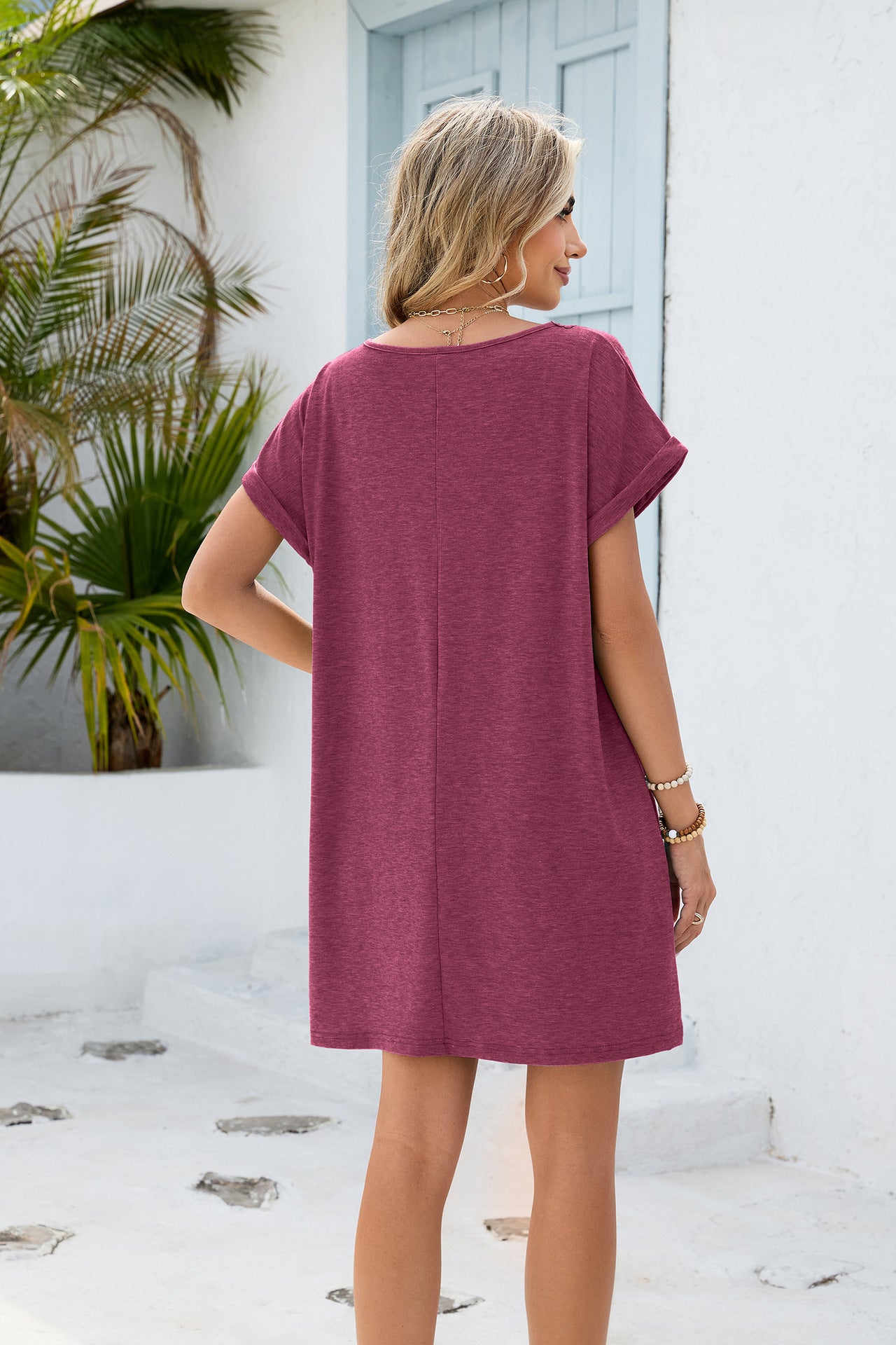 Women Solid Color V-Neck Lace Short Sleeve Pocket Dress