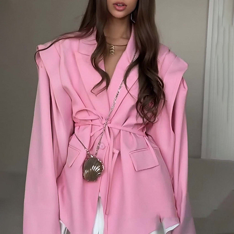 Women's Solid Color Lace-up Suit Collar Coat