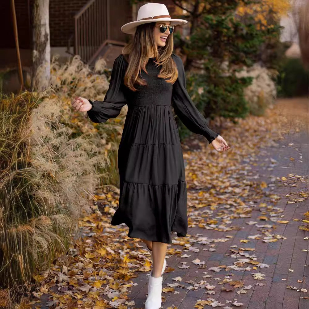 Women Vintage Crew Neck High Waist Roller Dress Lantern Sleeves
