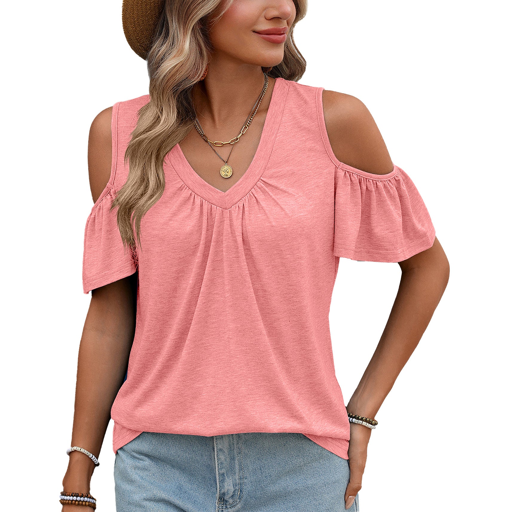 Women Solid Color V-Neck Off-Shoulder Short Sleeve T-Shirt Top