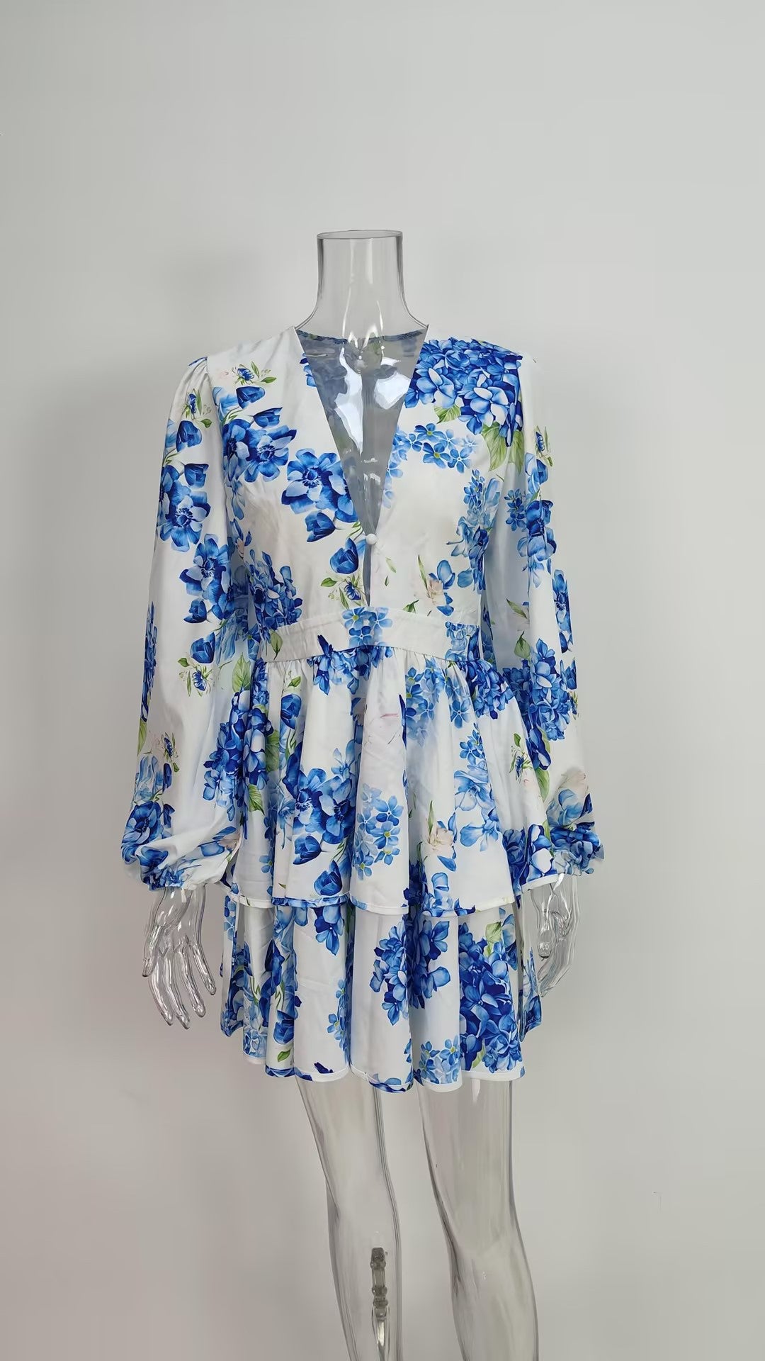 Women's Stylish Elegant V-Neck Bubble Sleeve Ruffle Dress