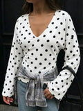 Womens Vintage French Dot V-Neck Top