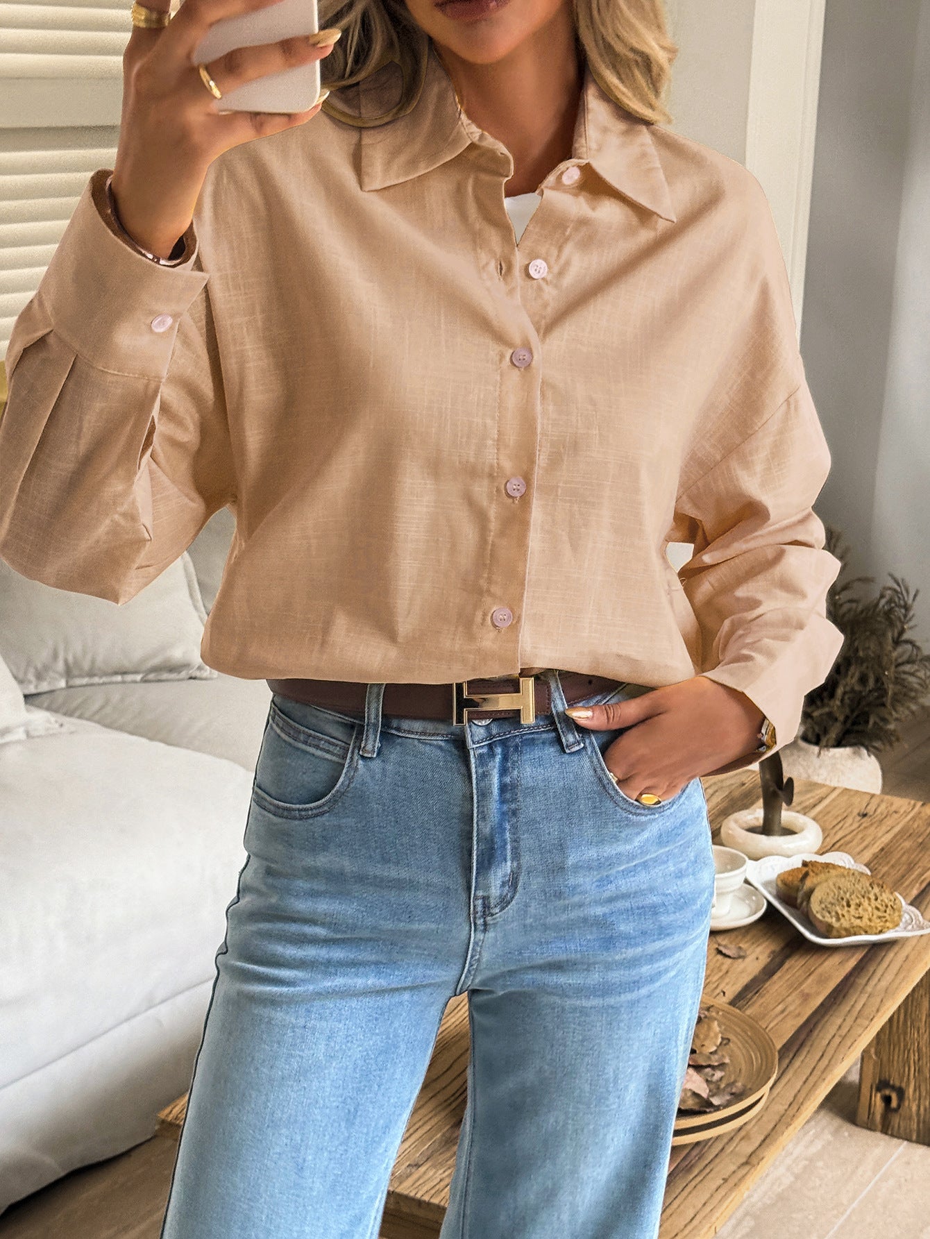 Women's Solid Button V-Neck Long Sleeve Women's Long Sleeve Blouse