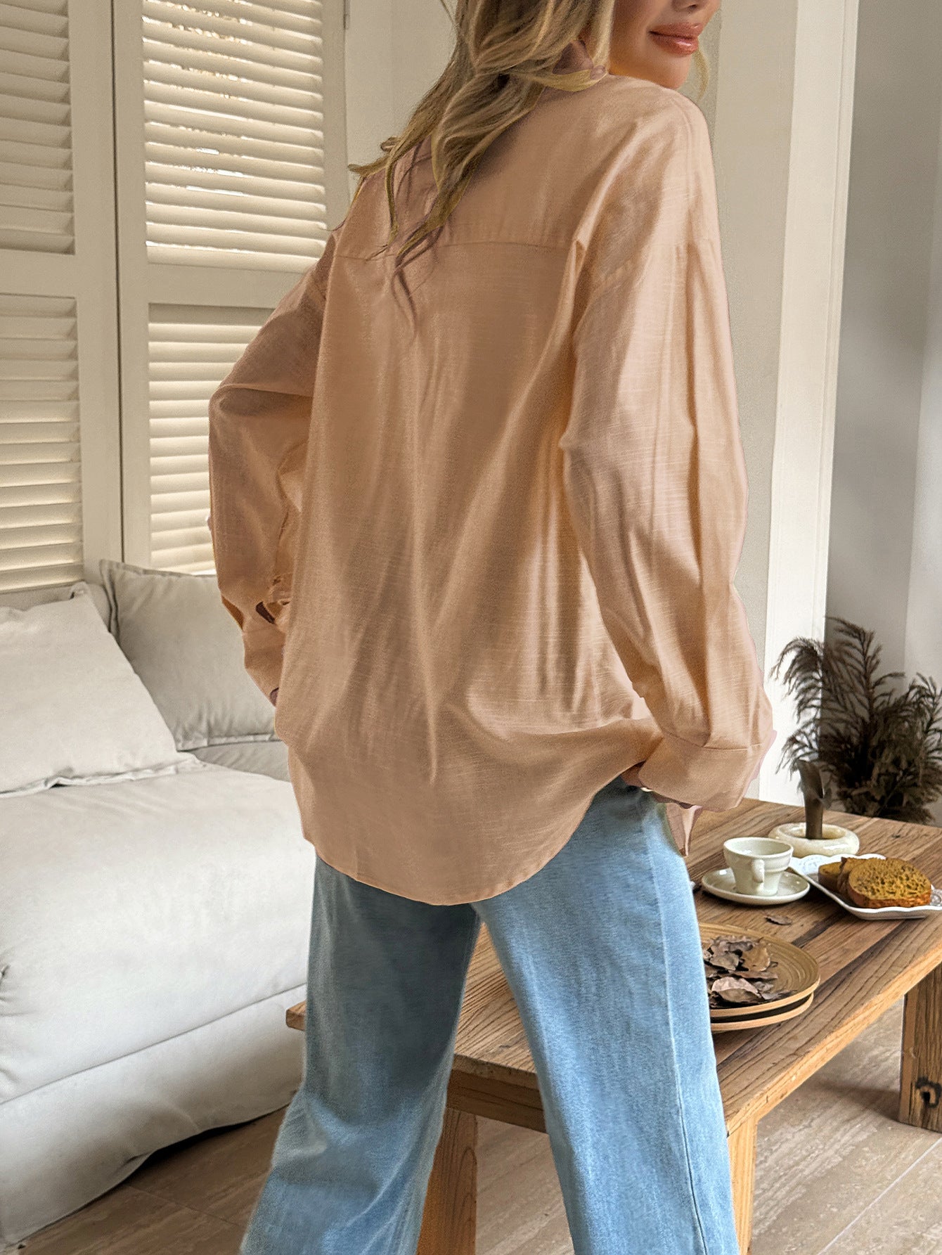Women's Solid Button V-Neck Long Sleeve Women's Long Sleeve Blouse