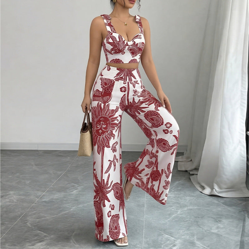Womens Casual Vacation Plant Printed Tank Top Wide Leg Pants Set