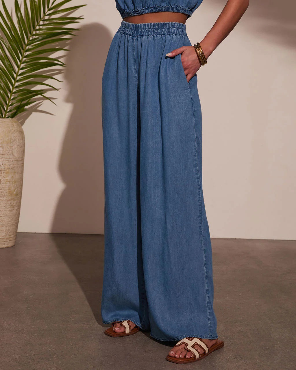 Women Casual Personality Denim Tubular Wide Leg Pants Set