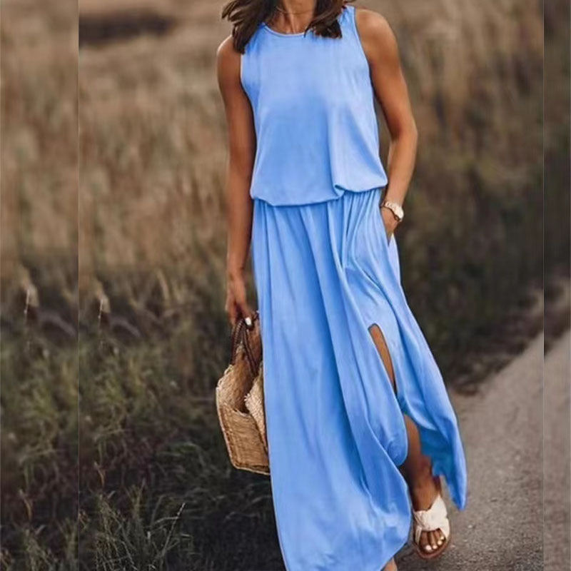 Solid Color Round Neck Sleeveless Lantern Split Dress