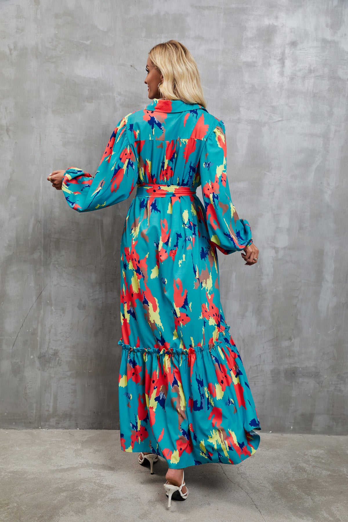 Women Printed Single-Breasted Lace-Up Waist Lantern Sleeve Dress