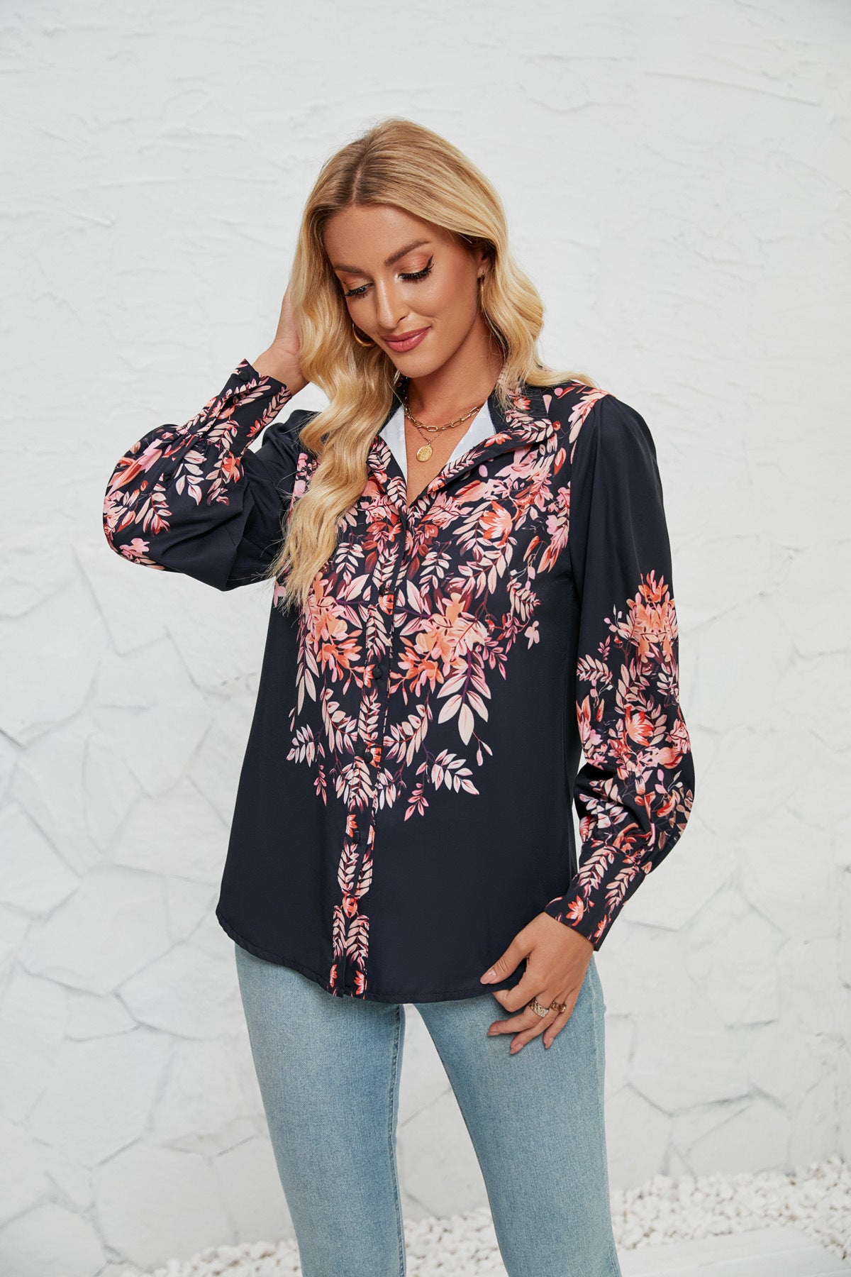 Women's Printed Long Sleeve Stand-Up Collar Fashion Casual Blouse
