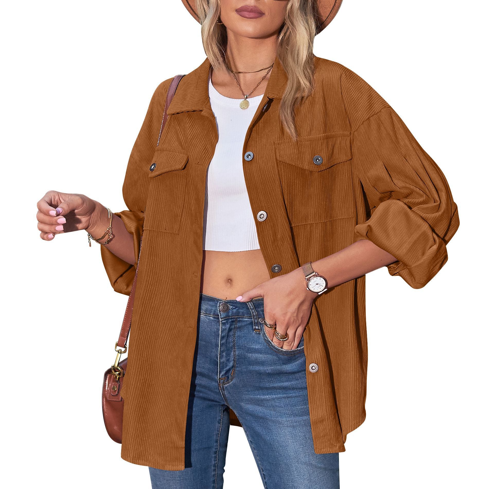 Women's Casual Loose Lantern Sleeve Corduroy Shirt