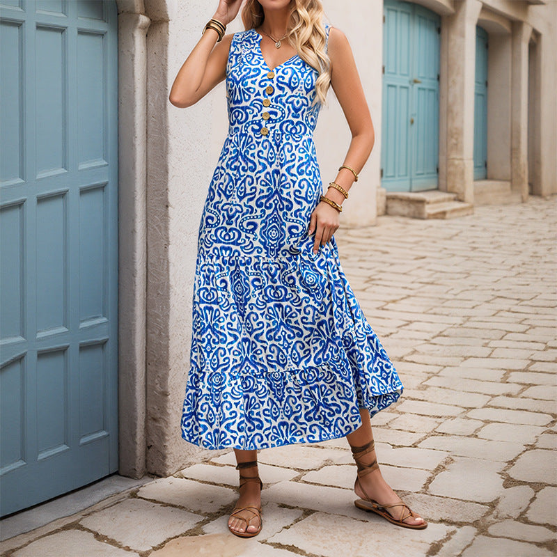 Women Sleeveless V-neck Print Dress