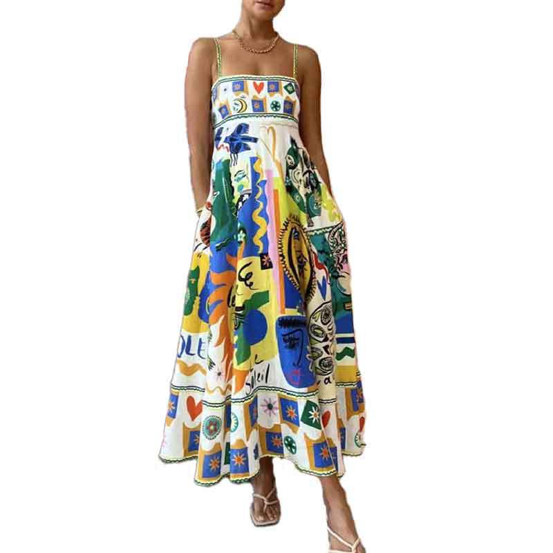 Elegant Printed High Waist Suspender Dress Long Dress
