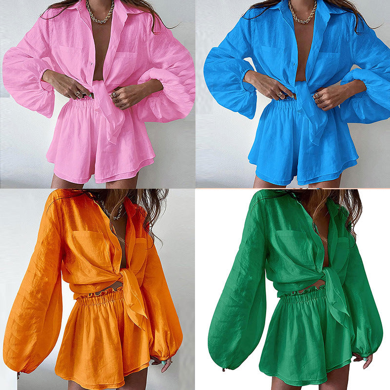 Women's Casual Solid Color Ruffle Shirt Shorts Set