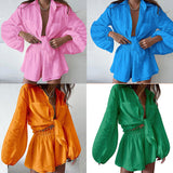 Women's Casual Solid Color Ruffle Shirt Shorts Set