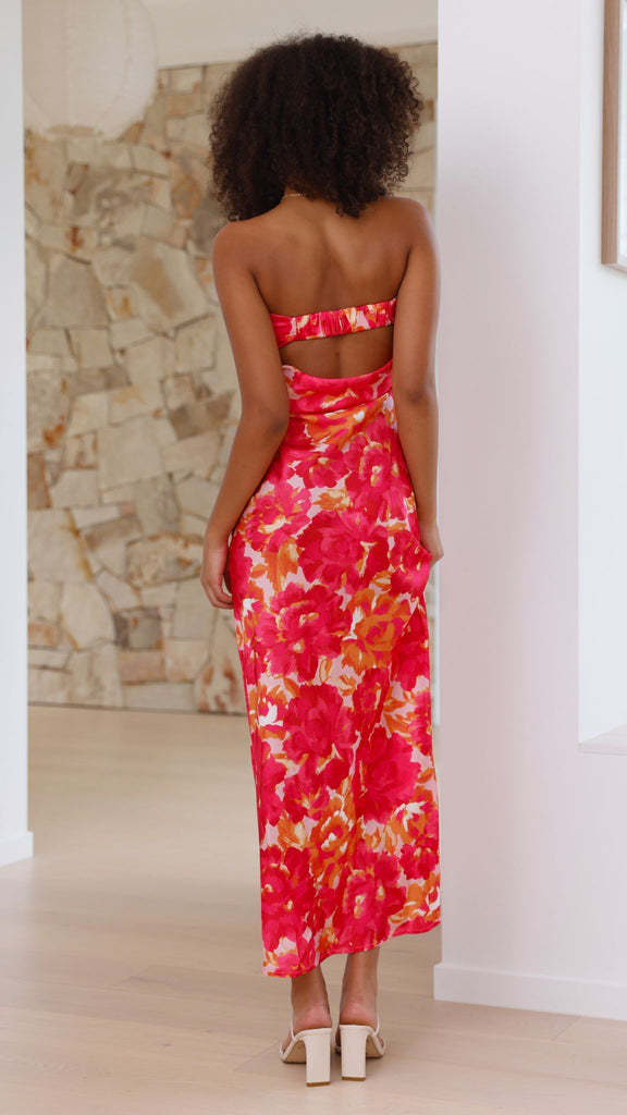 Women's Tube Satin Backless Strapless Dress with Print