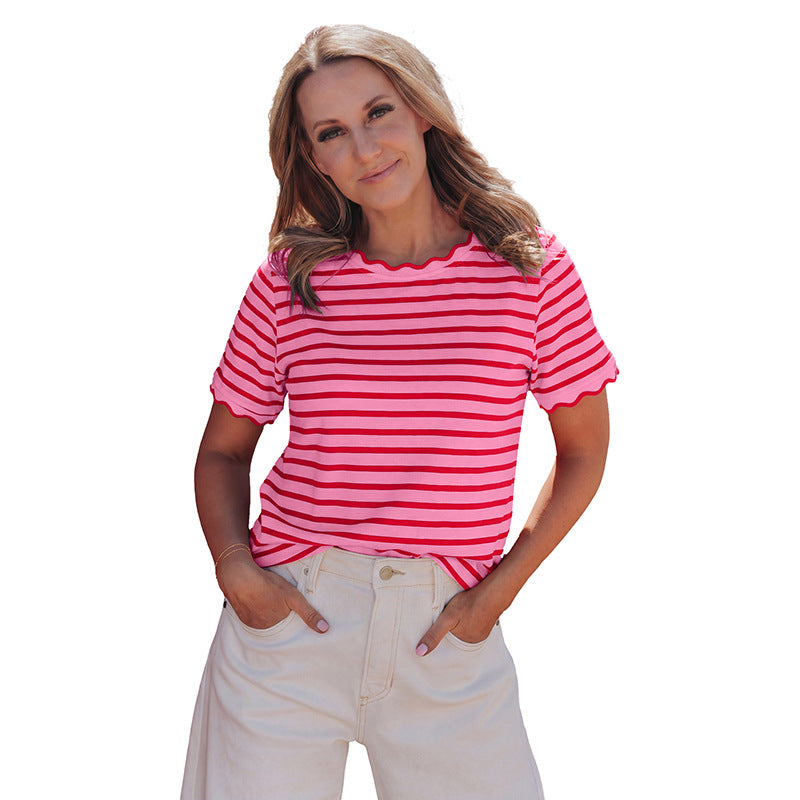 Womens Short Sleeve Top Ruffle Striped T-Shirt