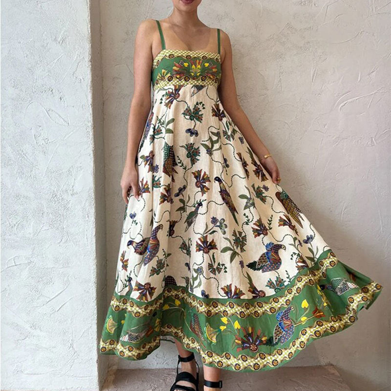 Elegant Printed High Waist Suspender Dress Long Dress