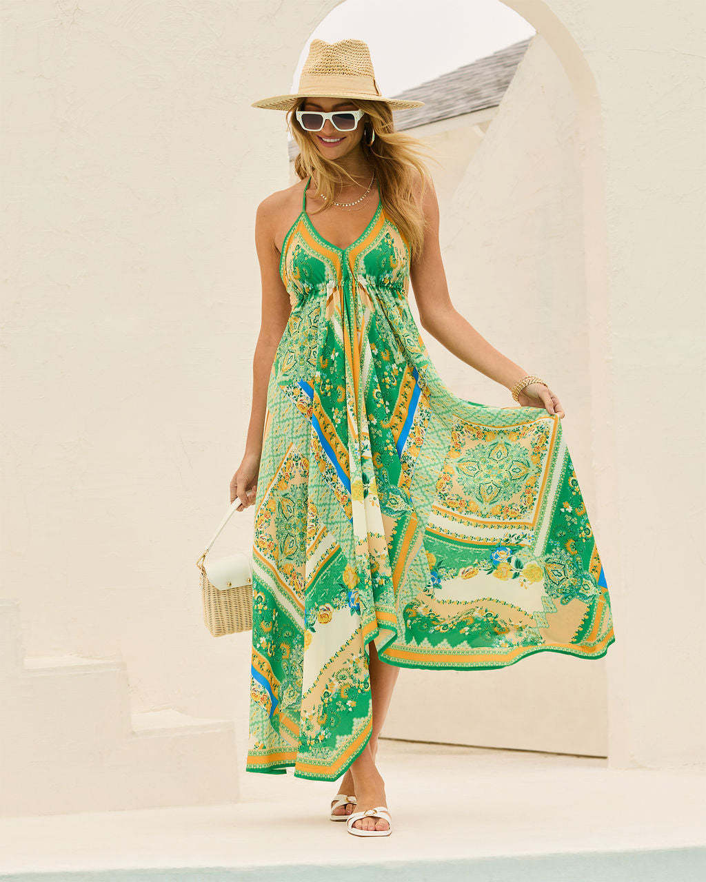 Womens Summer Off-the-shoulder V-neck Print Long Dress Dress
