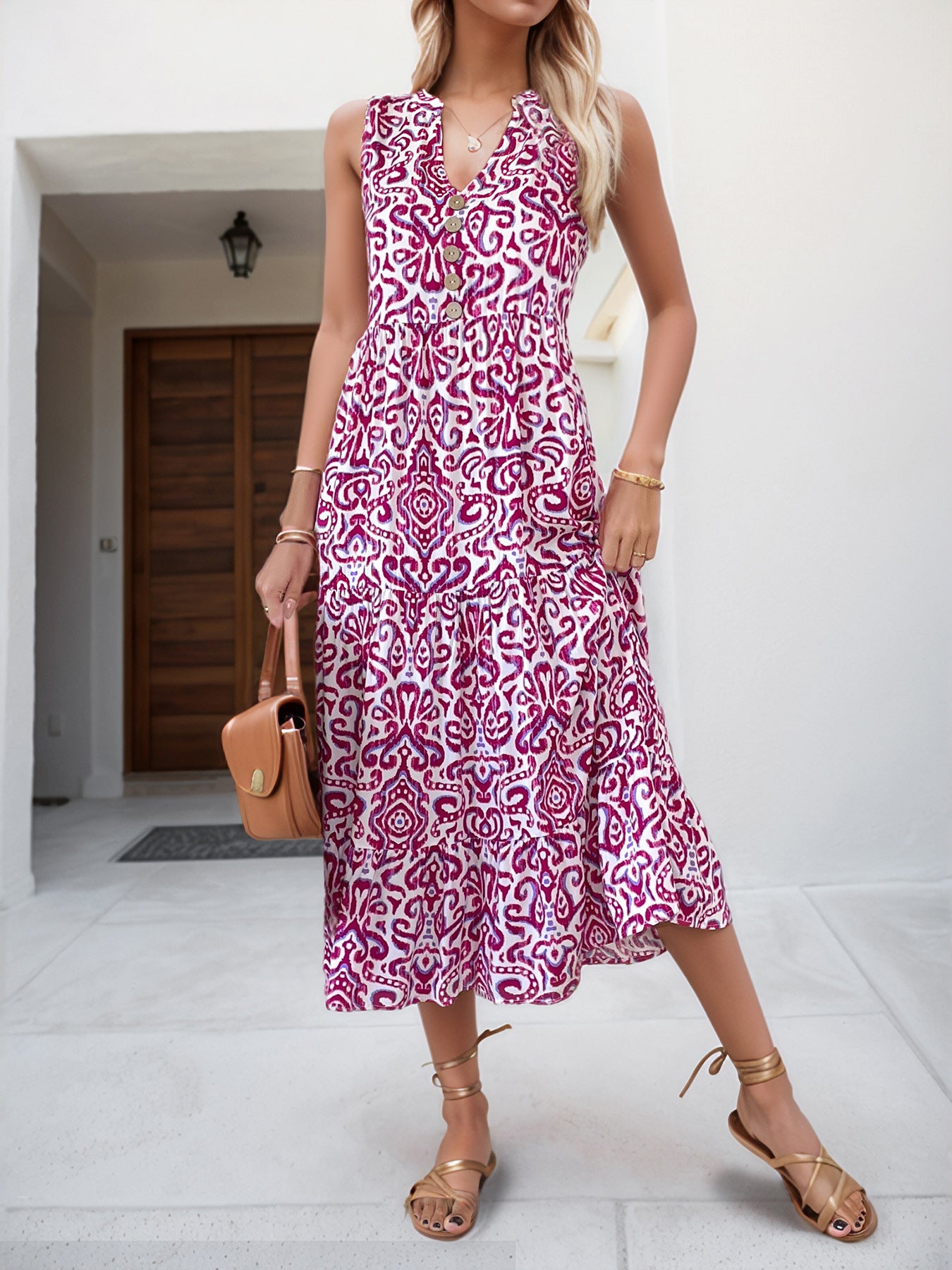 Women Sleeveless V-neck Print Dress