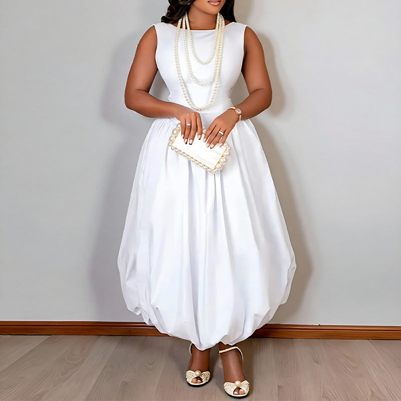 Women Fashion Casual Solid Color Splicing Sleeveless Bud Dress