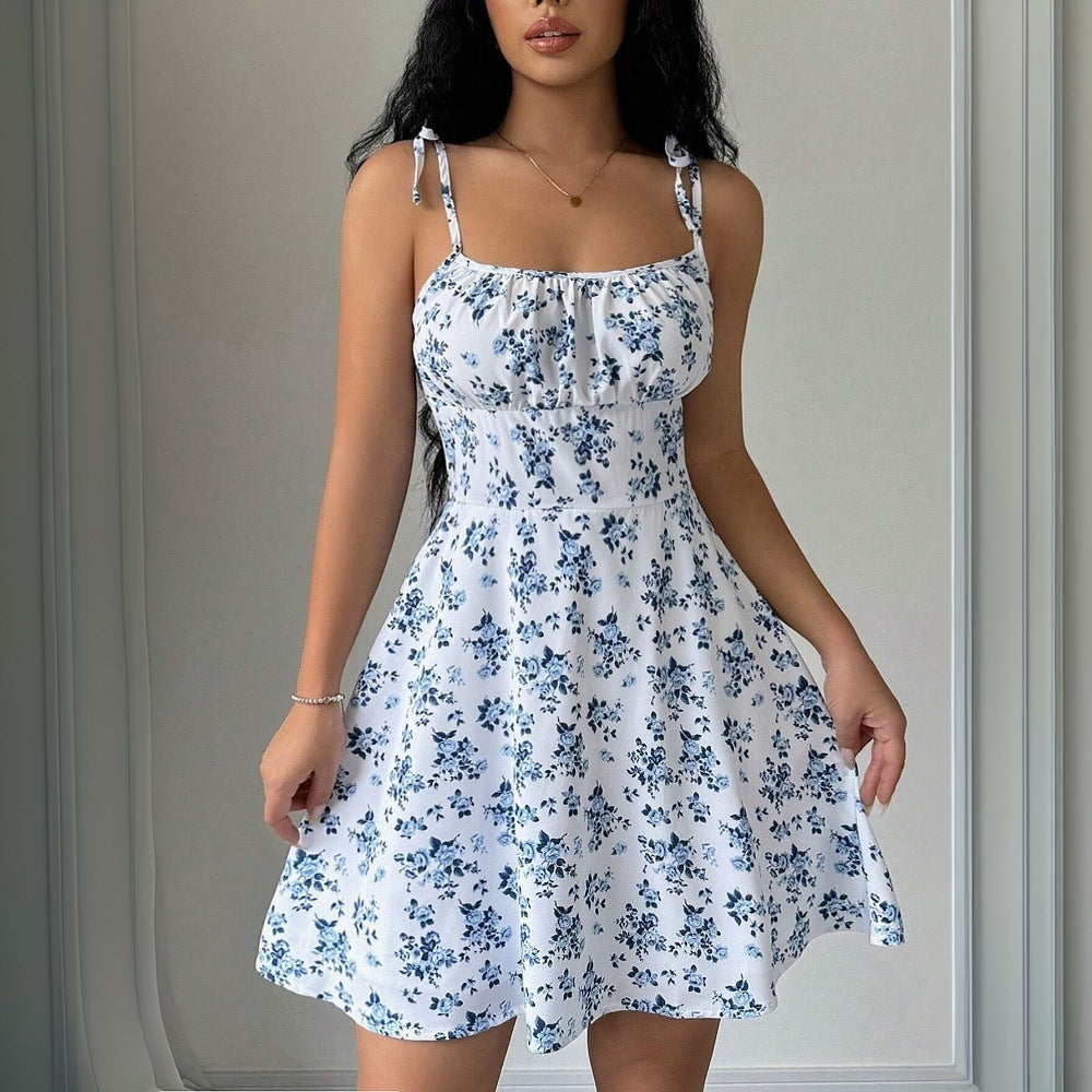 Women Floral Short Dress Square Neck Dresss