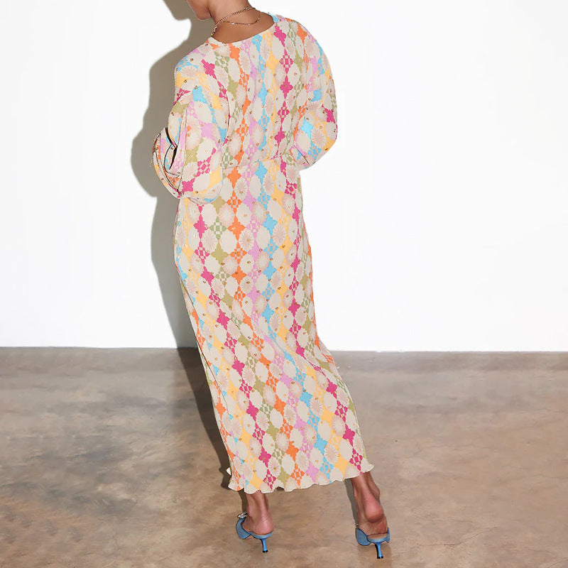 Women's Printed V-Neck Lantern Sleeve Dress