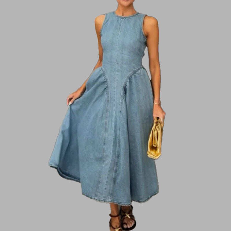 Women's Fashion Solid Color Crew Neck Waist Dress