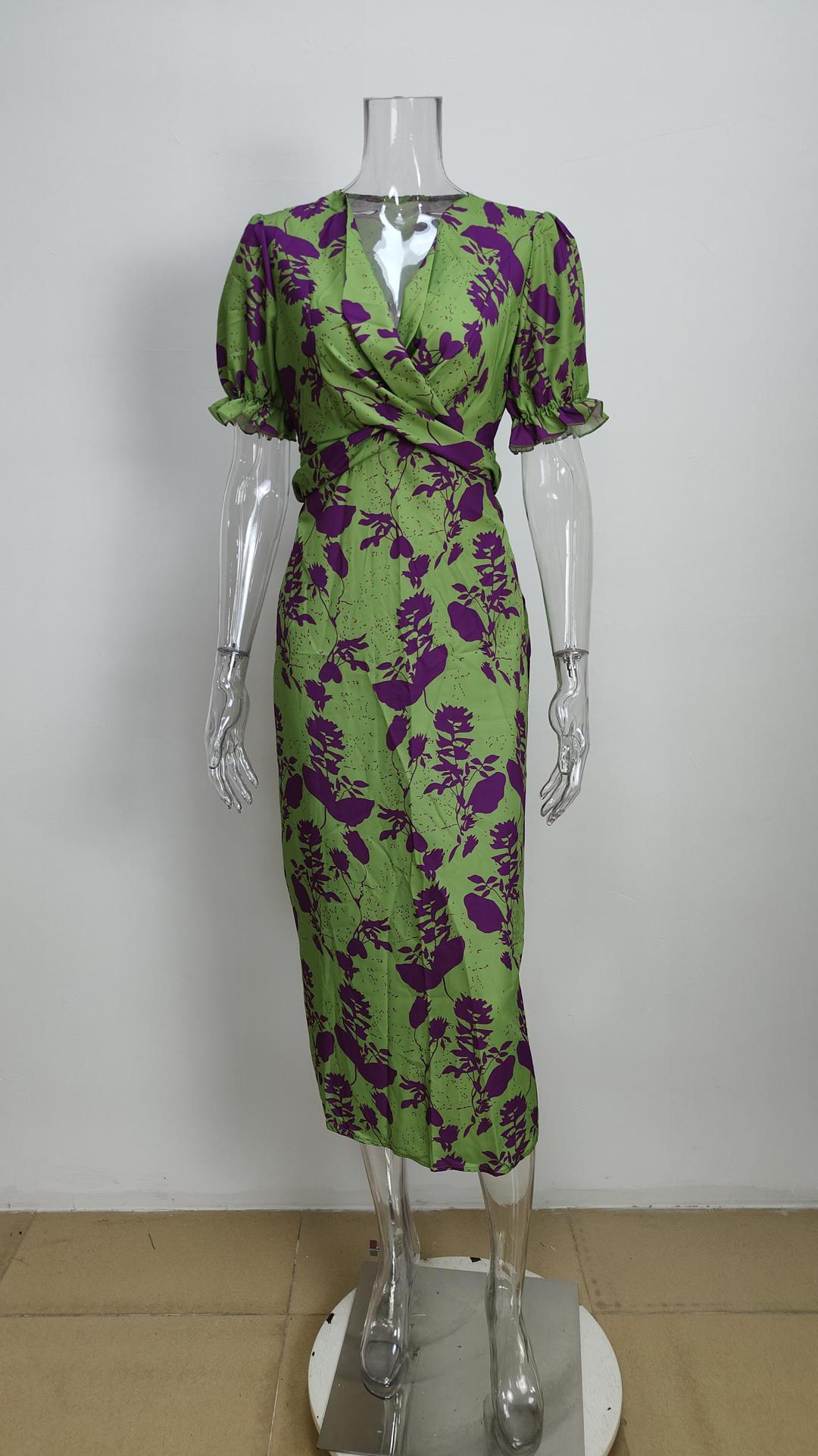 Womens Elegant Printed V-Neck Lantern Sleeve Dress