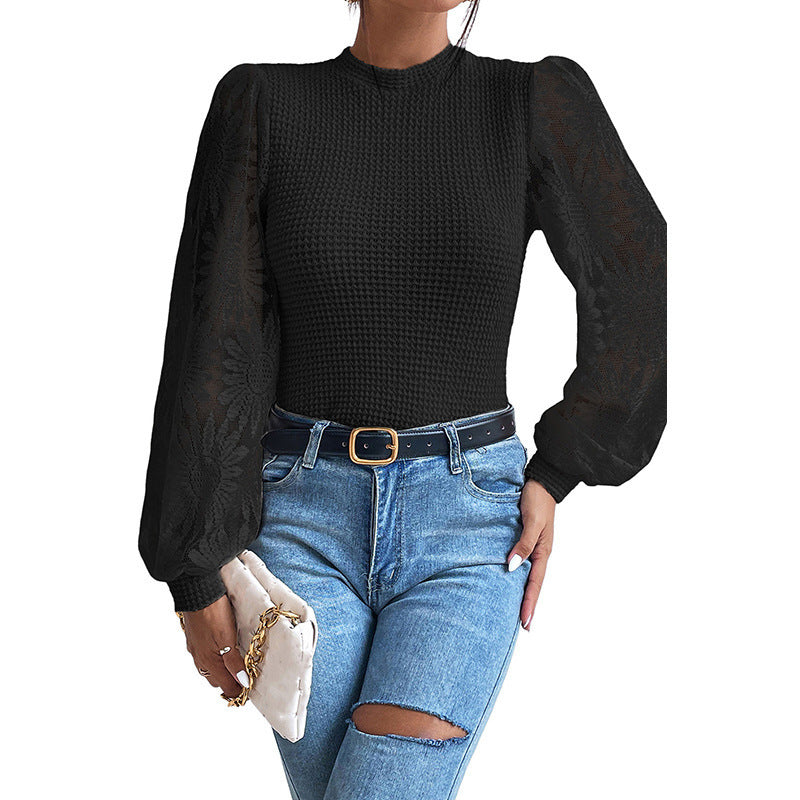 Womens Casual Crochet Top Mesh Lace Long Sleeve Shirts