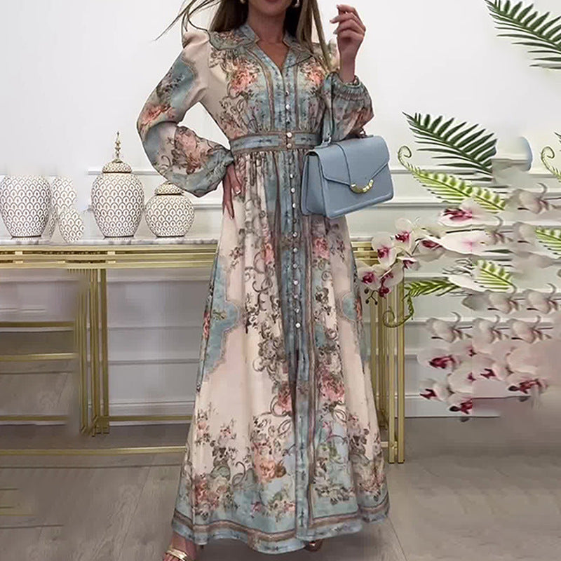 Elegant V-neck Print Long-sleeved Dress Long Dress
