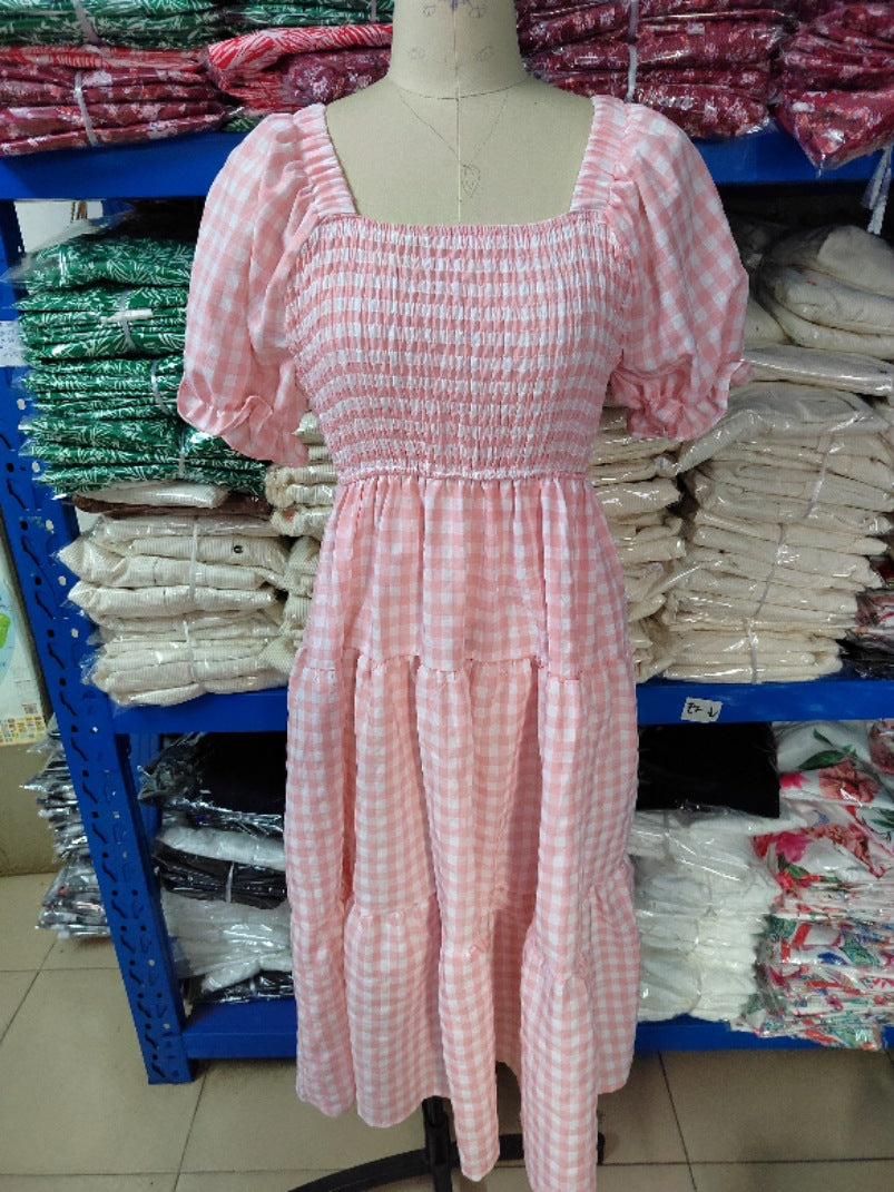 Ladies Plaid Bubble Sleeve Dress