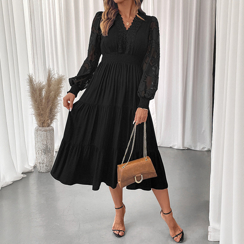 Women's Lace V-neck Lace Long-sleeved Dress