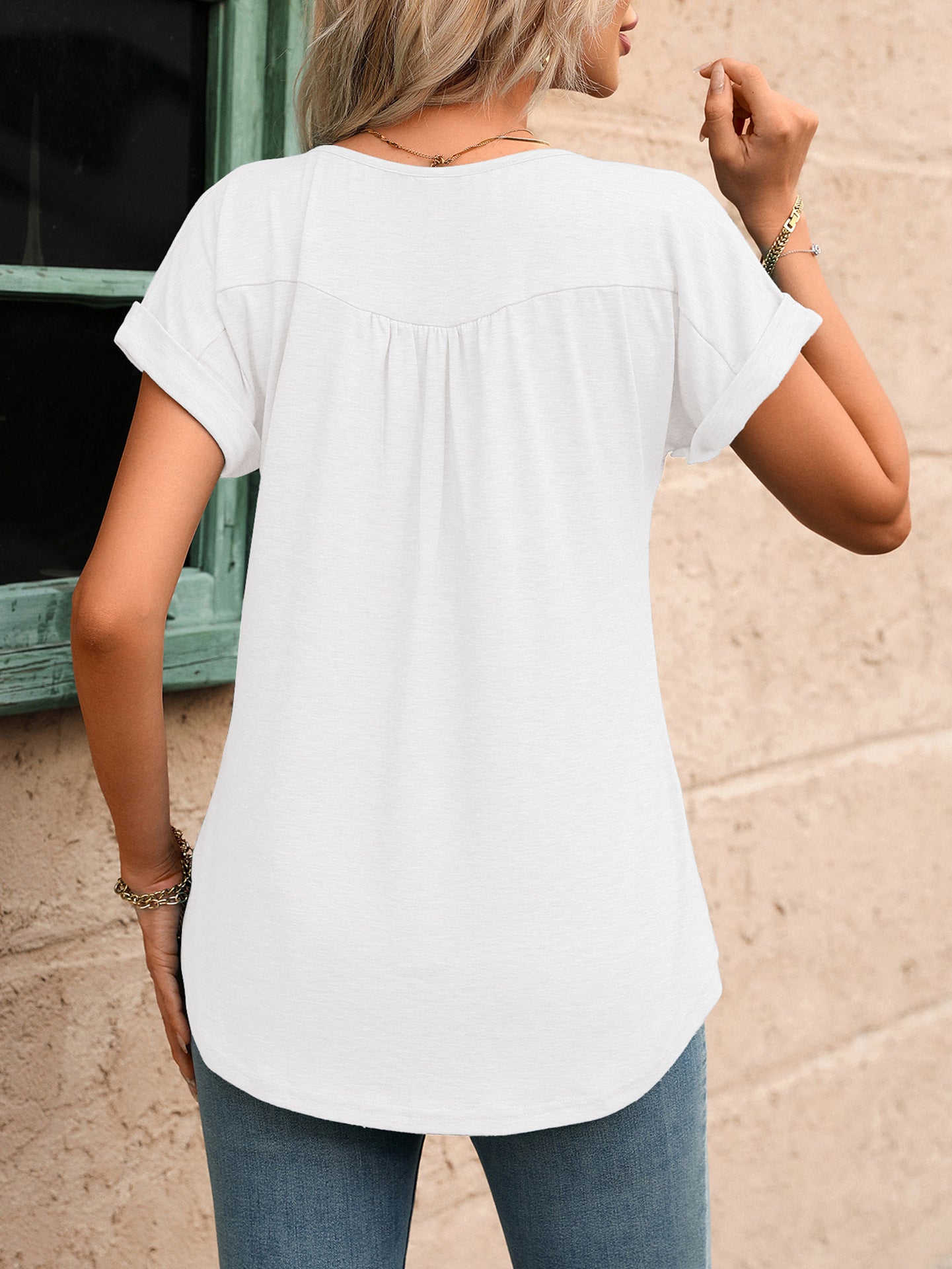Women Solid Color Crew Neck Button Short Sleeve T-Shirt