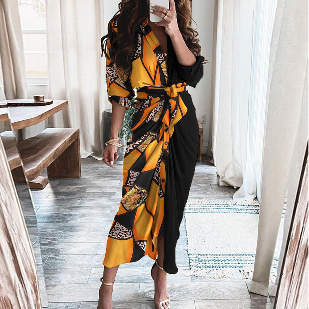 Womens Casual V-Neck Printed Strap-on Dress
