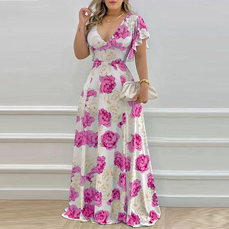 Women's Elegant V-neck Slim-fitting Flower Print Dress